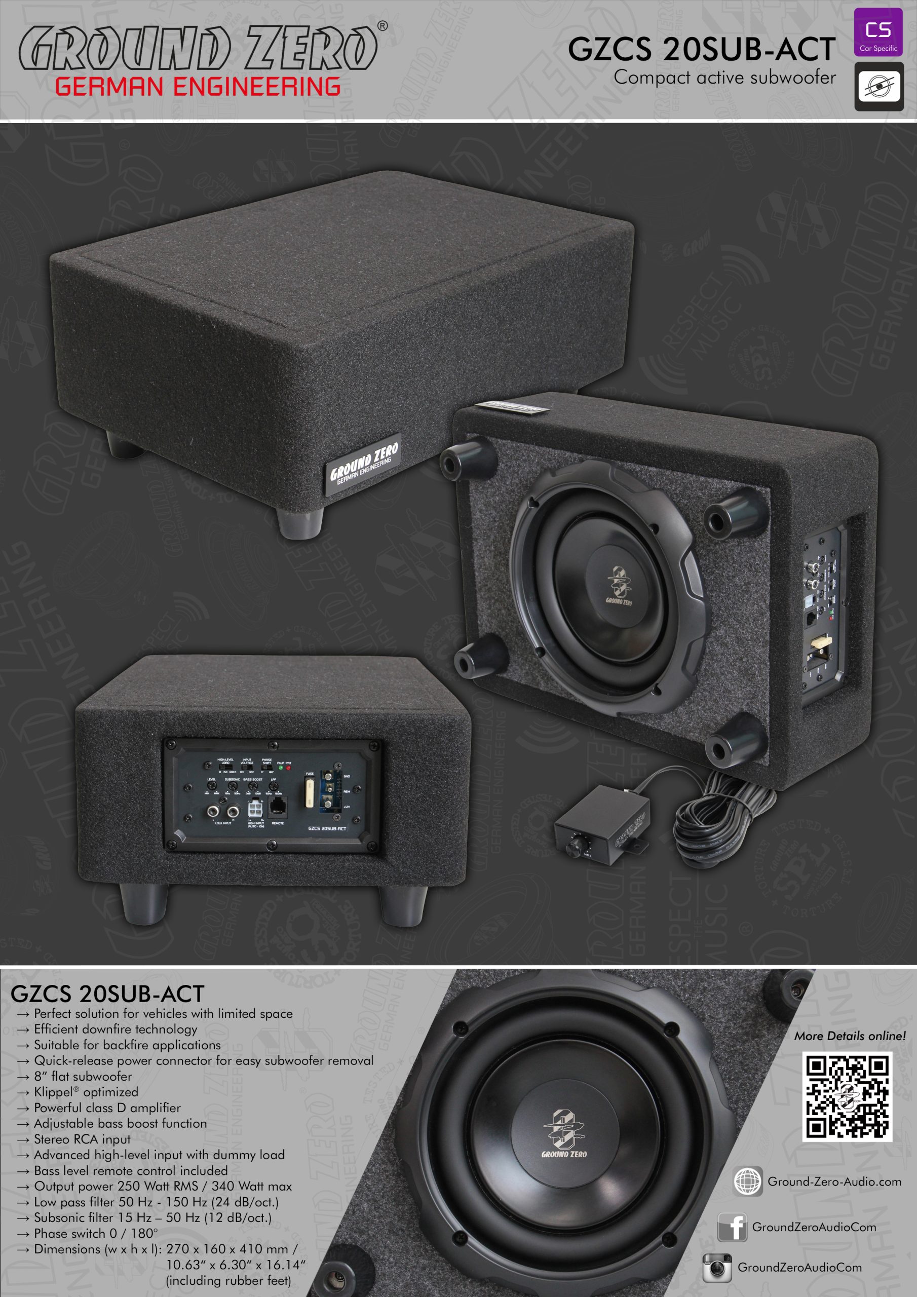 Ground Zero GZCS 20SUB-ACT 250W RMS 15-150Hz