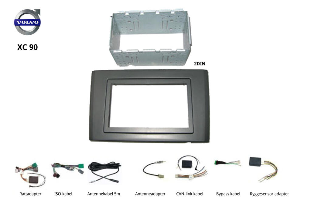 Volvo XC90 monteringssett 2DIN – komplett. Ratt, CAN, ISO, Ryggesensor mm