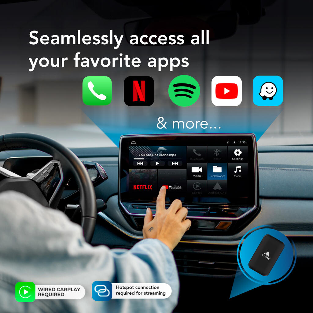 AutoSky AI Box Plus 2.0 – Trådløs CarPlay & Android Auto Adapter