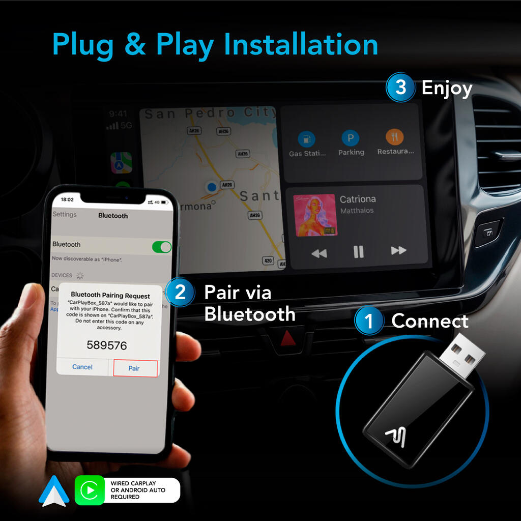 AutoSky WUA-8, Trådløst adapter – Trådløs CarPlay & Android Auto Adapter