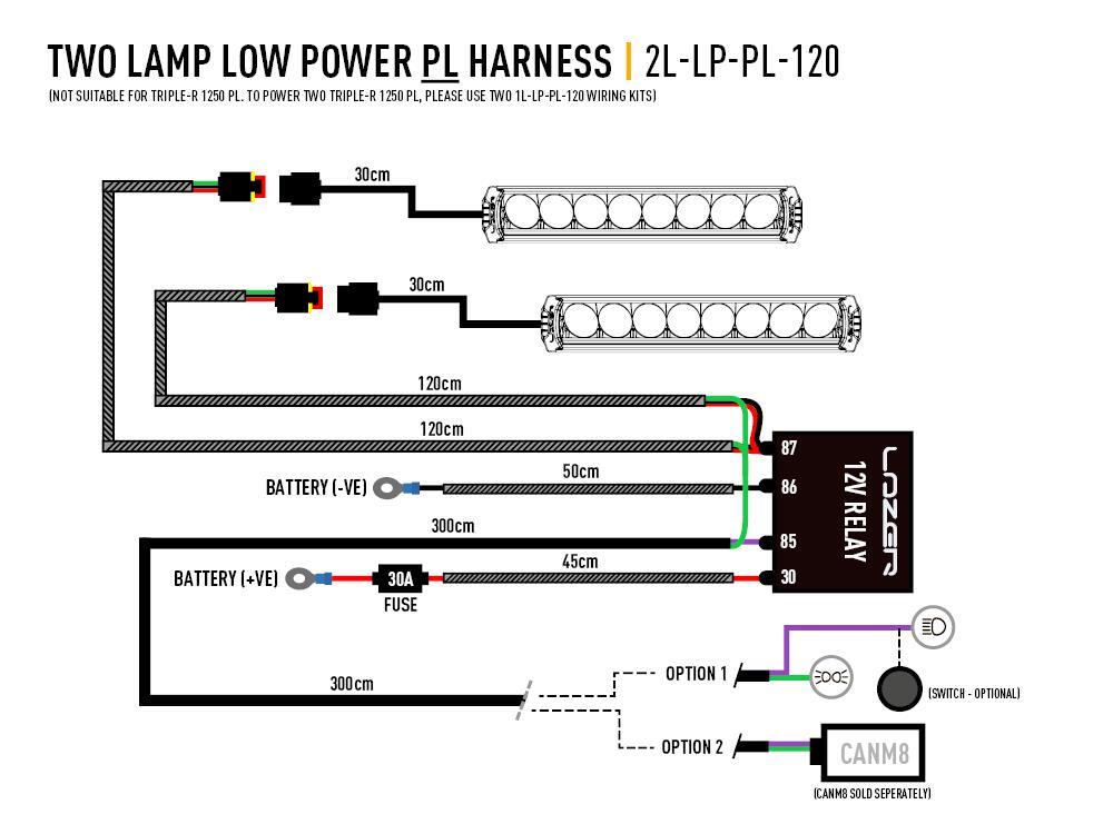Lazer kabelsett til to lamper AMP – 3-pin. Lampe med park. (Relè og bryter).