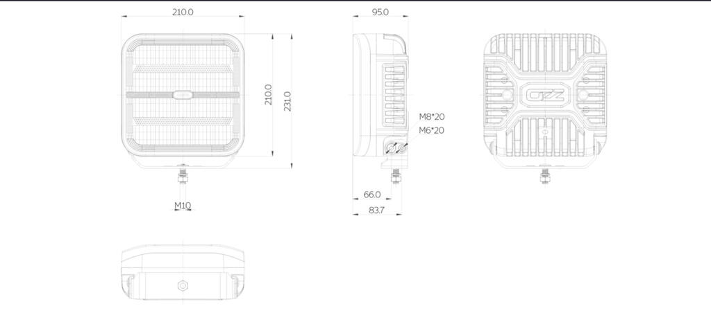 OZZ SQR 9″ fjernlys 210mm (Sort hus) – med park- og varsellys, 21000 lumen