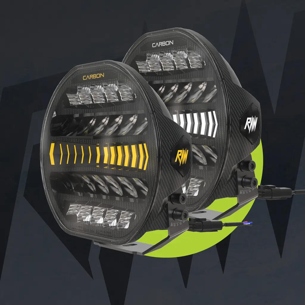 RAW CARBON fjernlys 9″ – m/dynamisk gult el. hvitt parklys, 170W