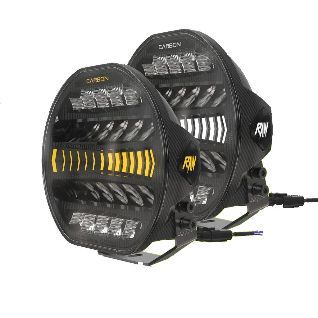 RAW CARBON fjernlys 9″ – m/dynamisk gult el. hvitt parklys, 170W