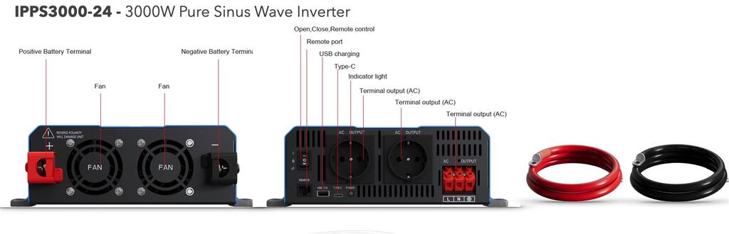 Sonopower strøminverter 3000W – Omformer, 24V->230, ren sinus kurve