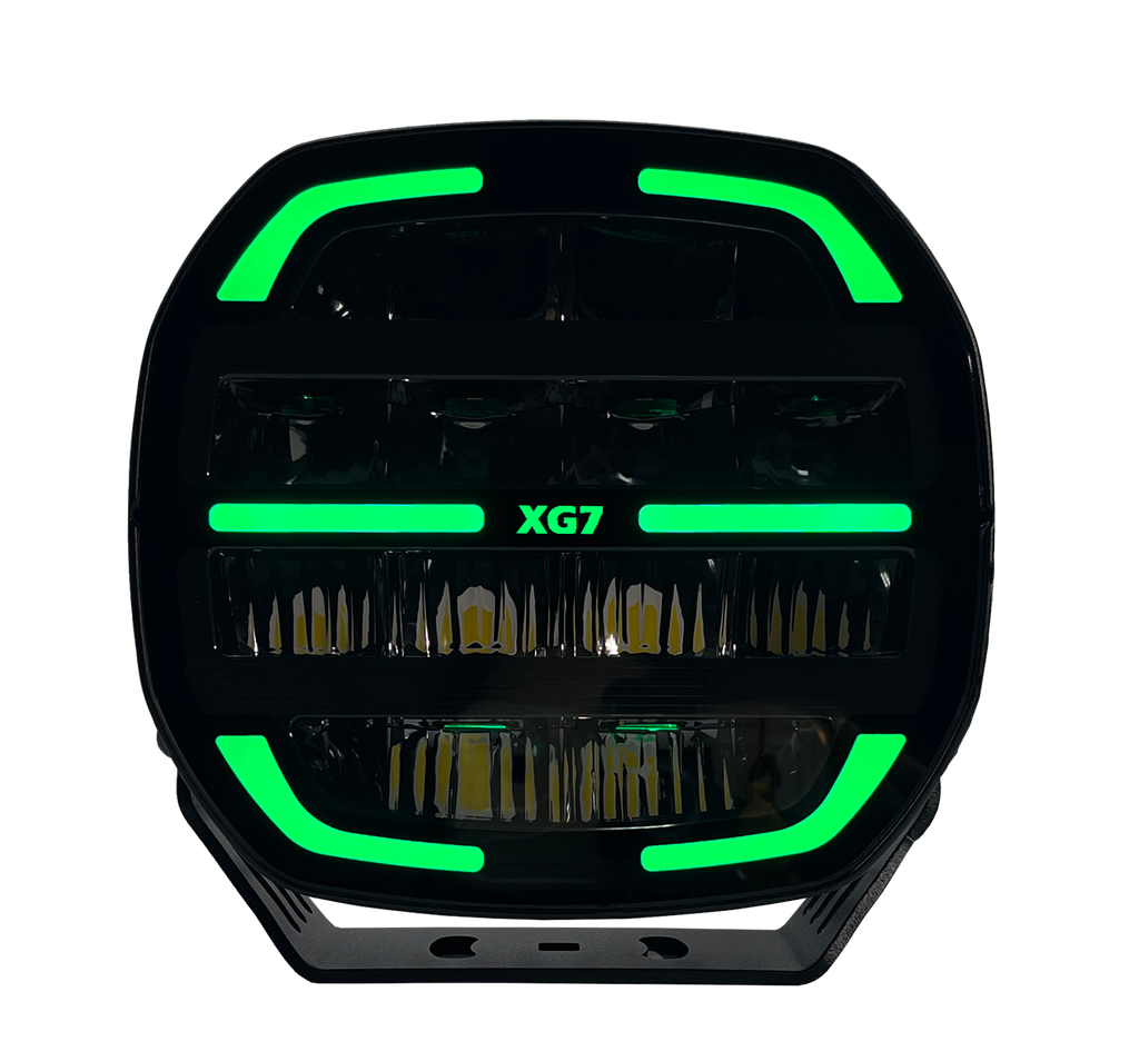 XG7 LED Fjernlys, Sort – Flerfarget parklys – hvit, gul og grønn.