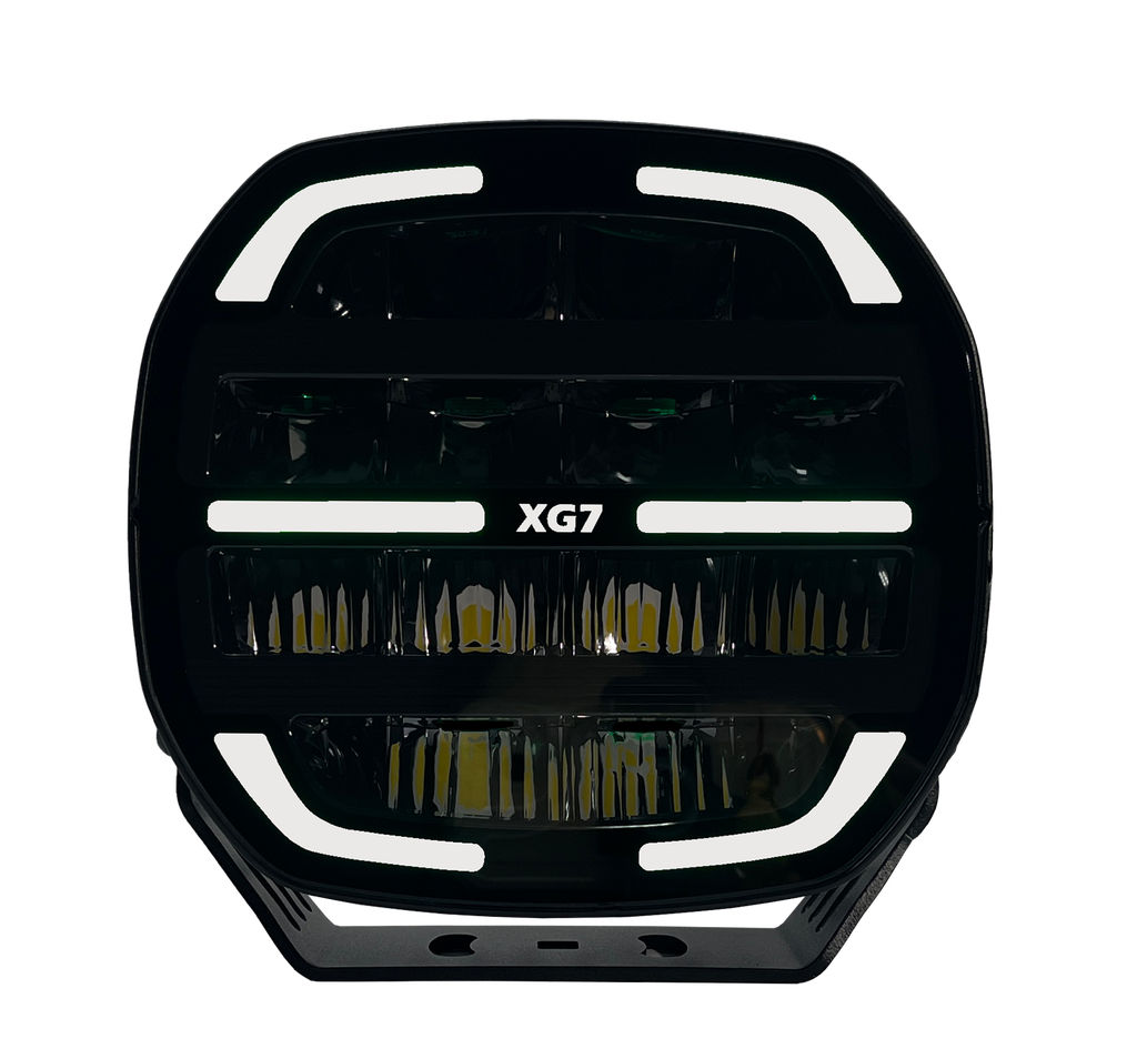 XG7 LED Fjernlys, Sort – Flerfarget parklys – hvit, gul og grønn.