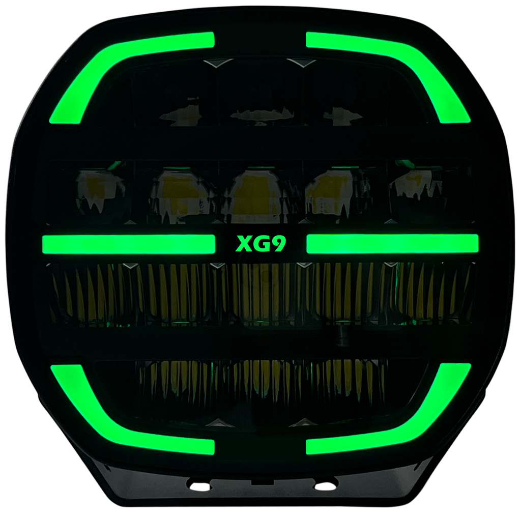 XG9 LED Fjernlys, Sort – Flerfarget parklys – hvit, gul og grønn.